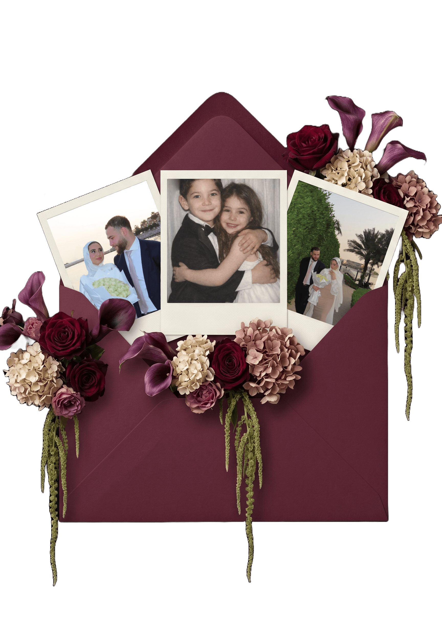 Yousef and Reema memories in an envelope with florals